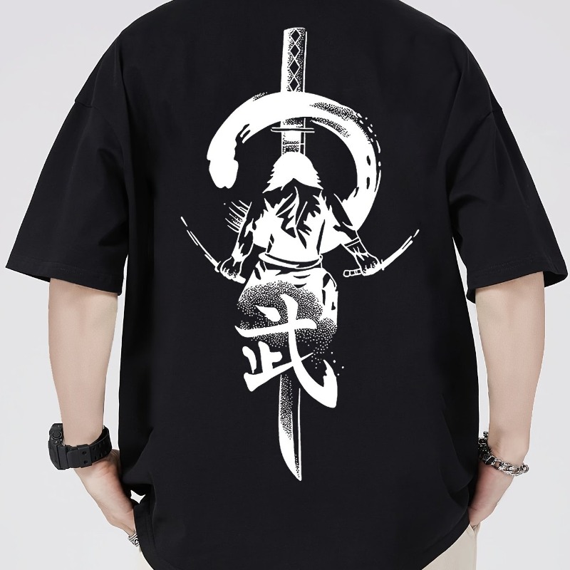 Street Fashion Elements - ダークエレメント日本刀プリントTシャツ男性用、夏のトレンドストリートファッションカジュアルTシャツ