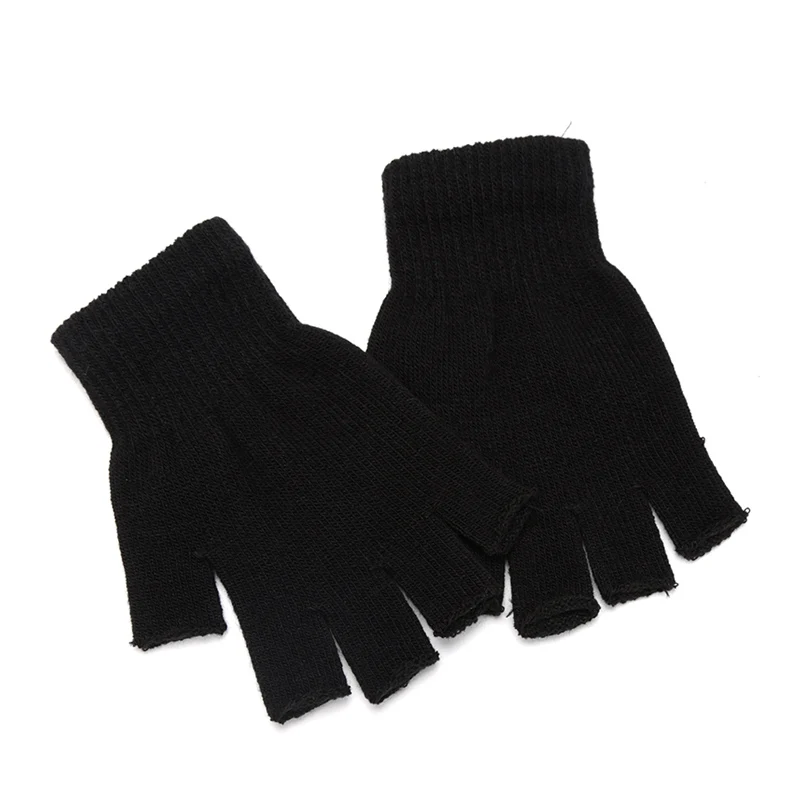 Street Fashion Gloves - ユニセックス ブラック ハーフフィンガー フィンガーレス グローブ ウール
