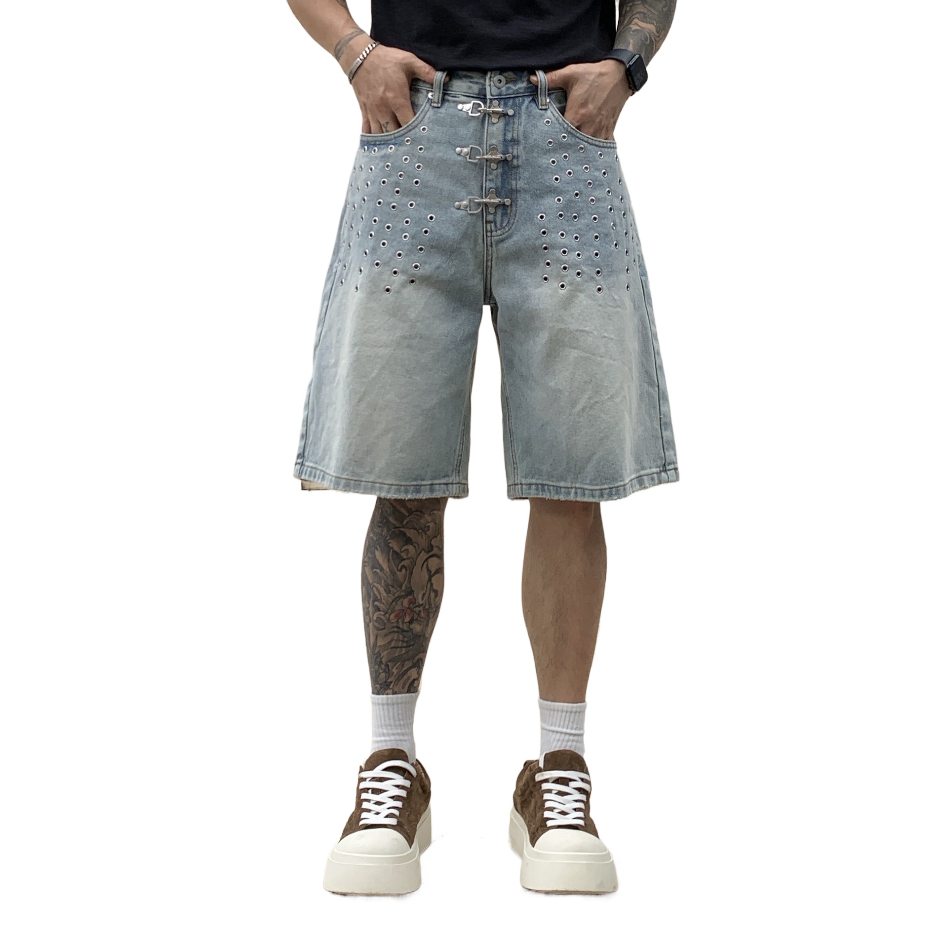 Street Fashion Vibes - メンズファッション ルーズフィット バイブスタイル ヒップホップ ショートジーンズ メタル装飾