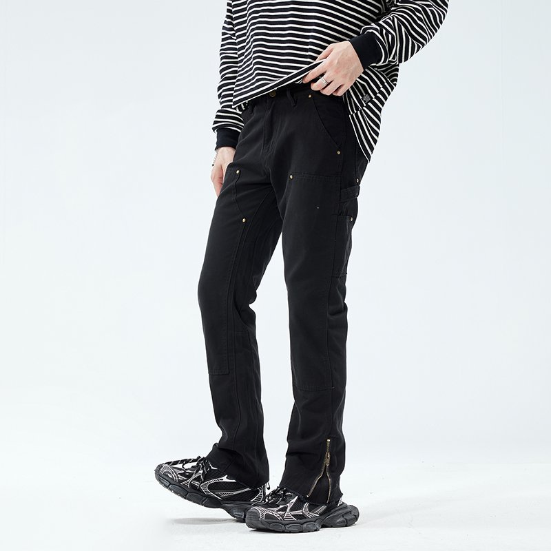 Street Fashion Vibes - ハイストリートジッパーカーゴパンツ男性ストリートファッションヒップホップバイブカジュアルクリーンフィットストレートパンツ純綿長ズボン