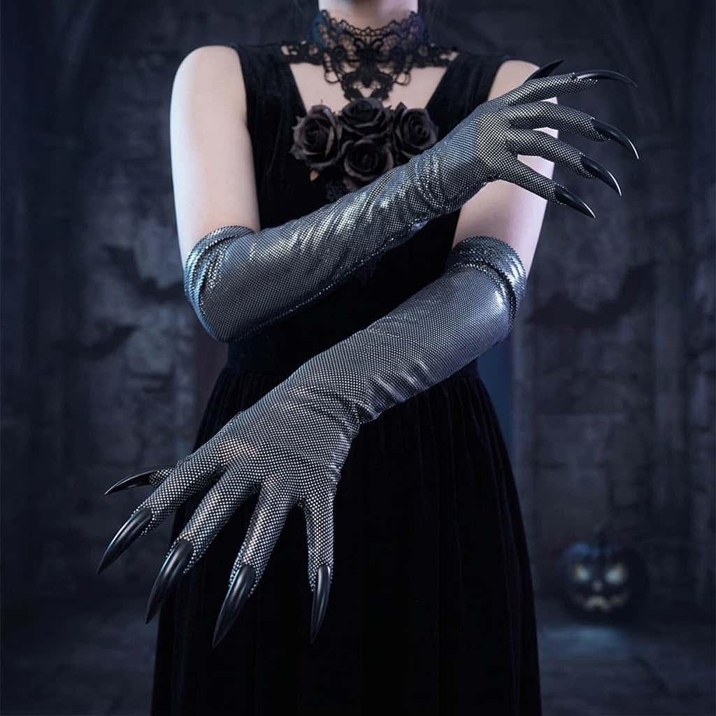 Street Fashion Gloves - 2026 ムーンガール Y2K ゴシックロングゴーストクローハンドスリーブ、超ロングシャープネイル付きホワイトグローブ、ハロウィンコスプレアクセサリー、オルタナティブファッション不気味な装飾アームカフ、E-girlストリートファッションコーディネート用。