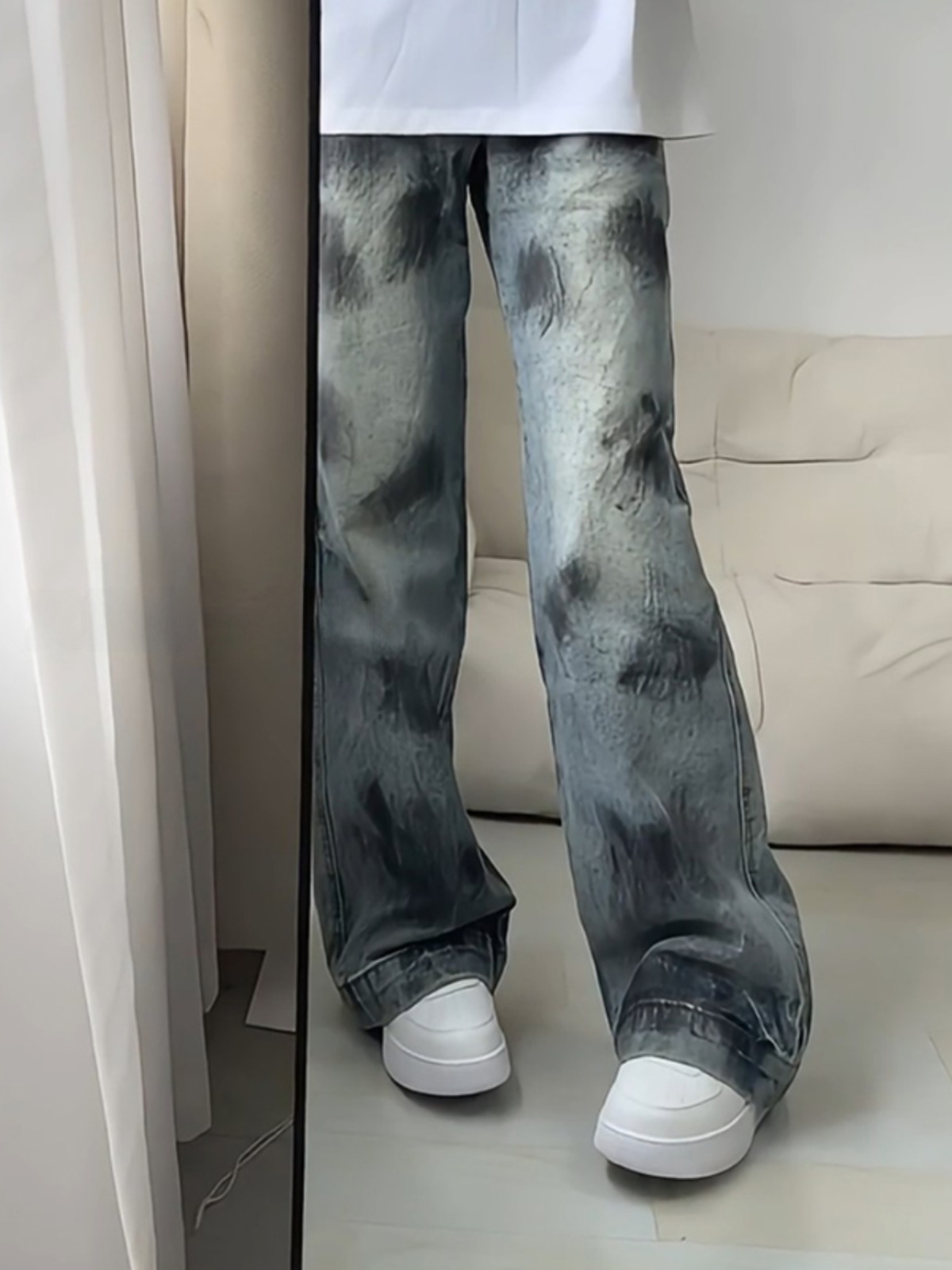 Street Fashion Vibes - ブルータイダイメンズジーンズ ハイストリート風サマーストレートレッグ ダメージ加工カフス アメリカンスタイル ティーンエイジャー ユースファッション