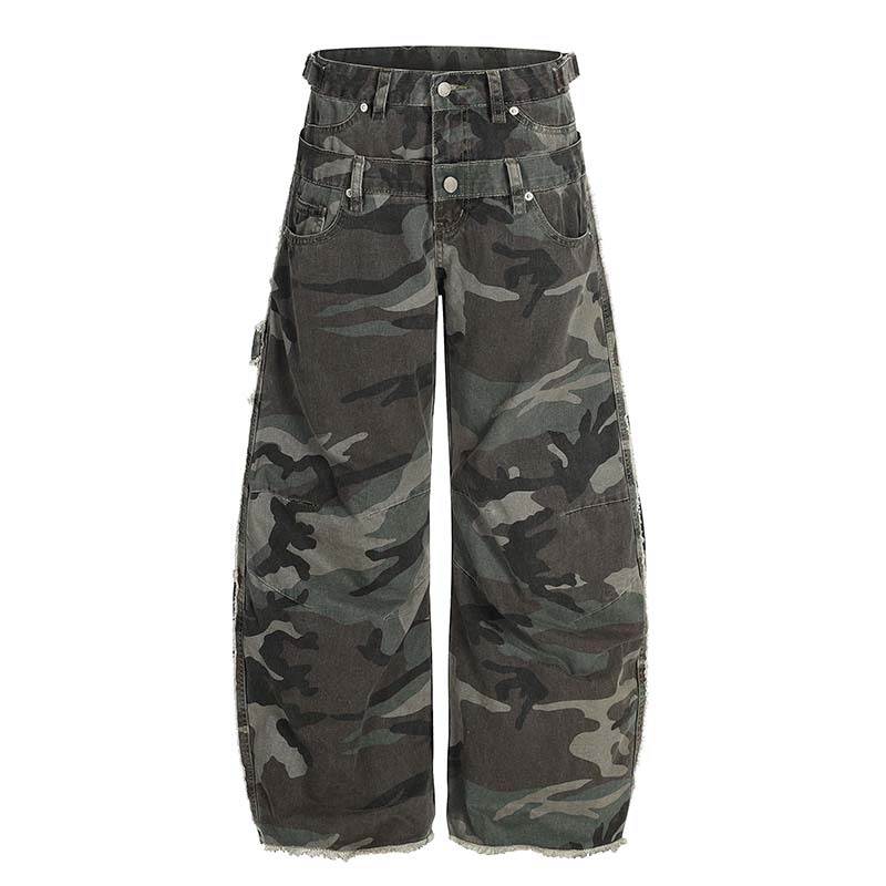 Street Fashion Vibes - メンズファッション迷彩カーゴジーンズパンツハイストリートルーズフィットバイブスタイルY2Kデニムトラウザーズダブルウエストヒップホップジーンズ