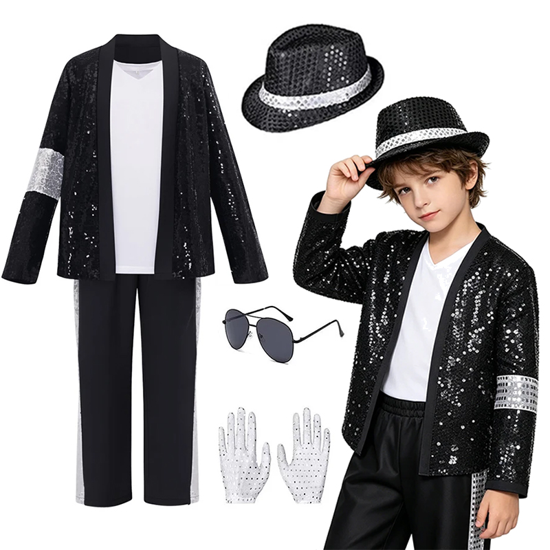 Street Fashion Gloves - 子供用ヒップホップポップスター風コスチューム、スパンコールスーツ（帽子、手袋、サングラス付き）学校ショー、ハロウィン、ステージ、ロールプレイパーティー用