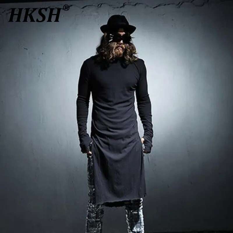 Street Fashion Gloves - HKSH メンズ春潮ダークパーソナライズロング Tシャツ手袋サイドスリットパンクナイトクラブパフォーマンスファッションストリート Tシャツ HK1005