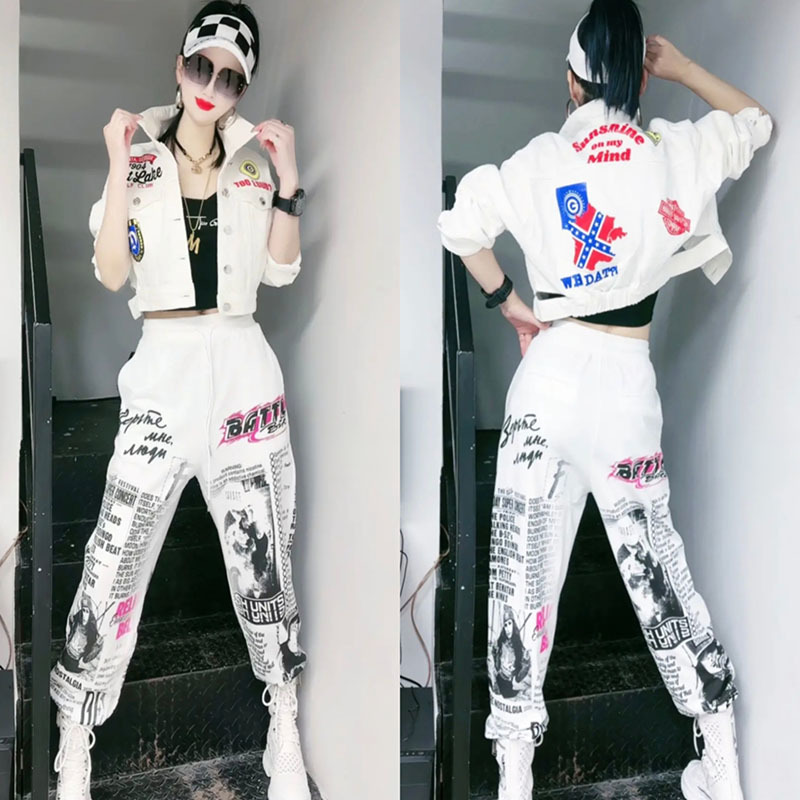 Street Fashion Graffiti - 女性のためのグラフィティホール付きデニムセット,ファッショナブルな服,カジュアルパンツ,春と秋,2024