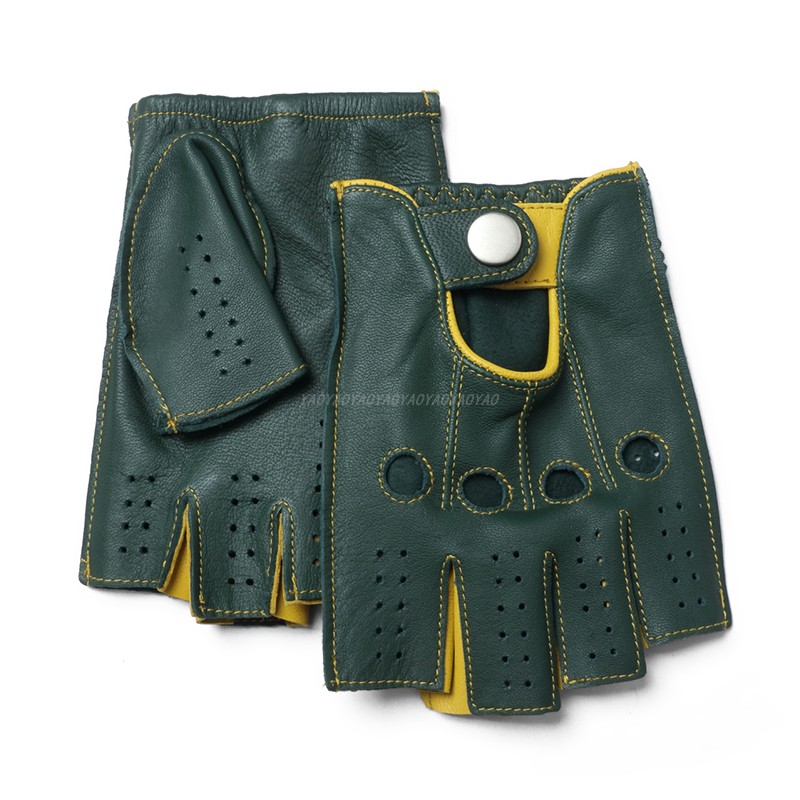 Street Fashion Gloves - 高品質 2026 新しいハーフフェインガー男性本革手袋ヤギ革手袋男性ダークグリーンバイカラー通気性ドライビングミトン