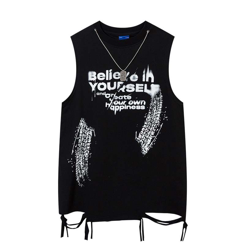 Street Fashion Graffiti - メンズファッショングラフィティタンクトップスハイストリートリップドデストロイドノースリーブTシャツネックレス付きルーズフィットヒップホップTシャツ男性用
