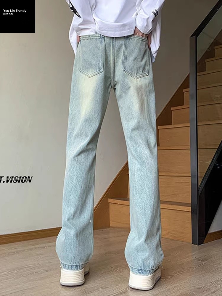 Street Fashion Vibes - ウォッシュドアメリカンバイブジーンズメンズスリムストレートレッグマッドダイハイストリートスタイル若々しいファッションミッドウエストロングパンツ夏