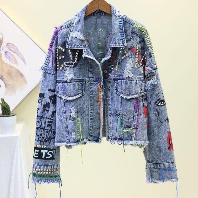 トレンディな落書きカジュアルデニムショートジャケット レディ - Street Fashion Graffiti のレビューと価格