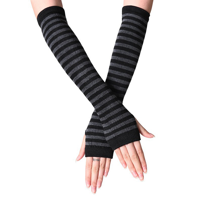 冬用暖かい長袖手袋 男女兼用 指なしストライプニット肘ミトン - Street Fashion Gloves のレビューと価格
